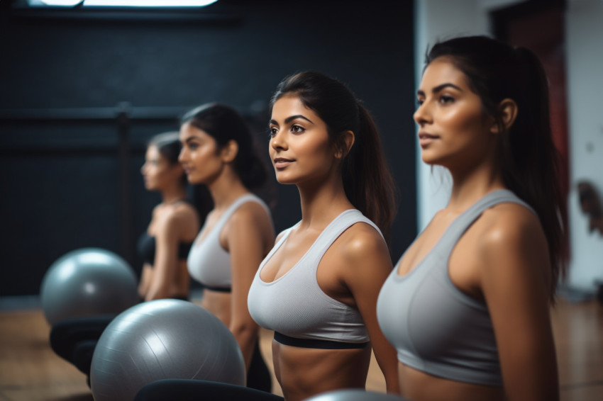 A picture of a young Indian woman working out her stomach muscles in a yoga studio