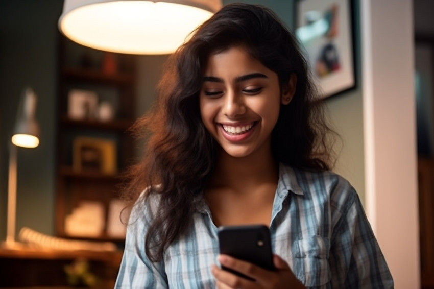 A photo of a happy Indian girl in her living room texting on her smartphone