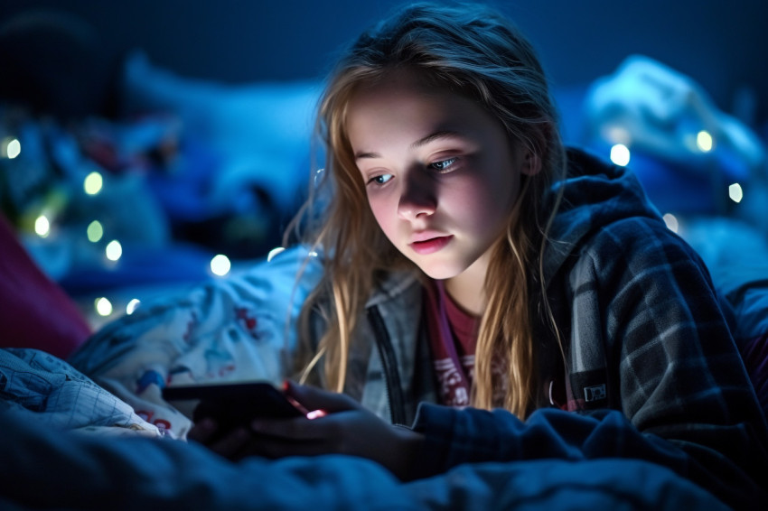 Picture of a teenage girl on her bed at night using her phone