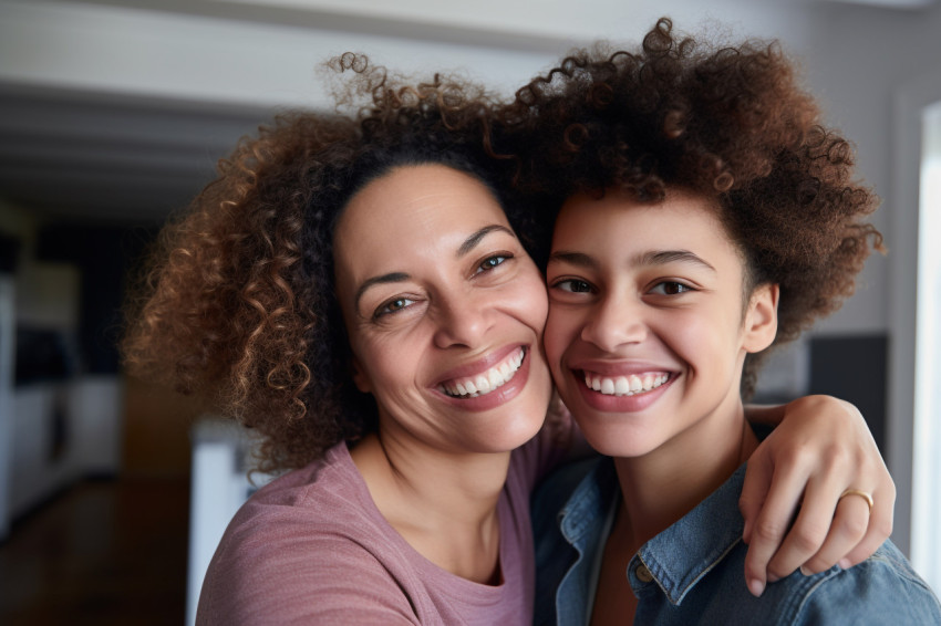 A photo of a happy mother and daughter with different skin colors hugging and looking away while standing inside their house