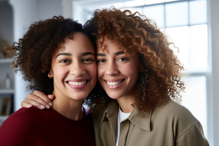 A photo of a happy mother and daughter with different skin colors hugging and looking away while standing inside their house