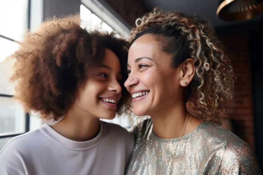 A photo of a happy mother and daughter with different skin colors hugging and looking away while standing inside their house