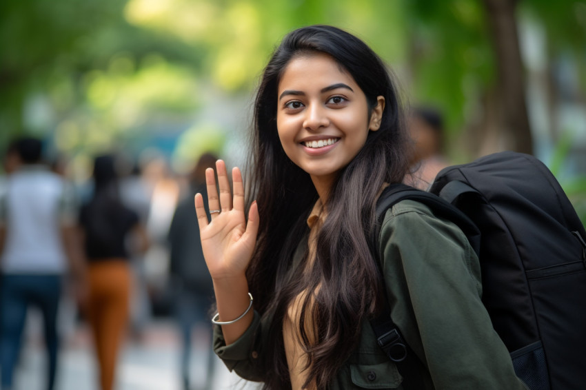 Photo of happy Indian girl waving and saying hello to the camera