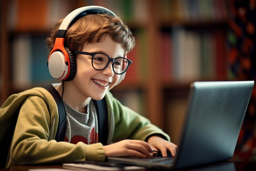 A photo of a young child wearing headphone working in laptop