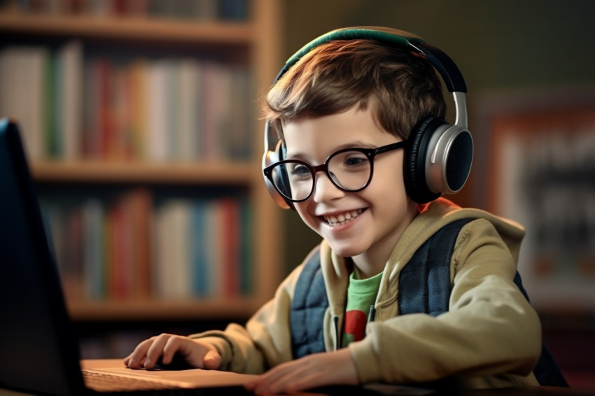 A photo of a young child wearing headphone working in laptop