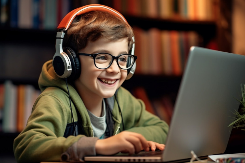 A photo of a young child wearing headphone working in laptop