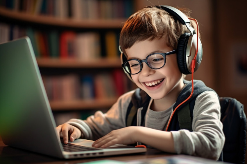 A photo of a young child wearing headphone working in laptop