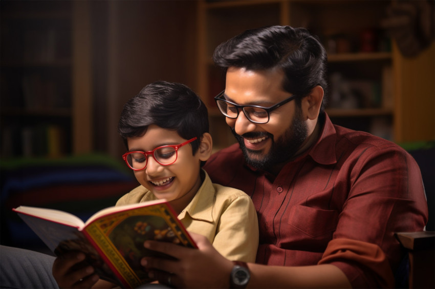 Photo of happy Indian dad and son reading book in living room