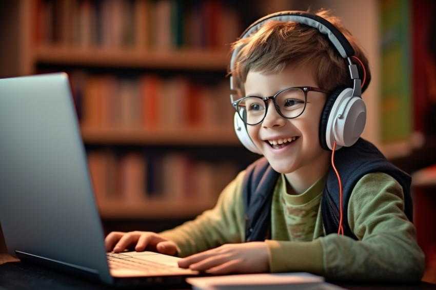 A photo of a young child wearing headphone working in laptop