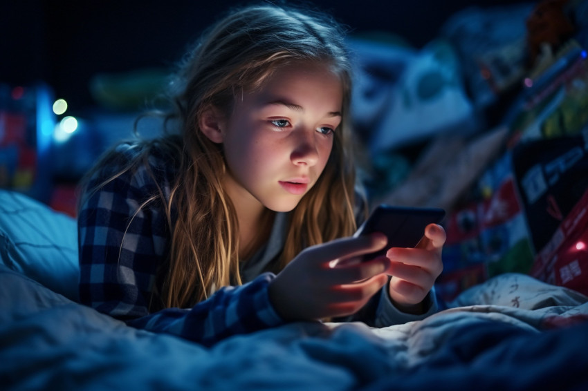 Picture of a teenage girl on her bed at night using her phone