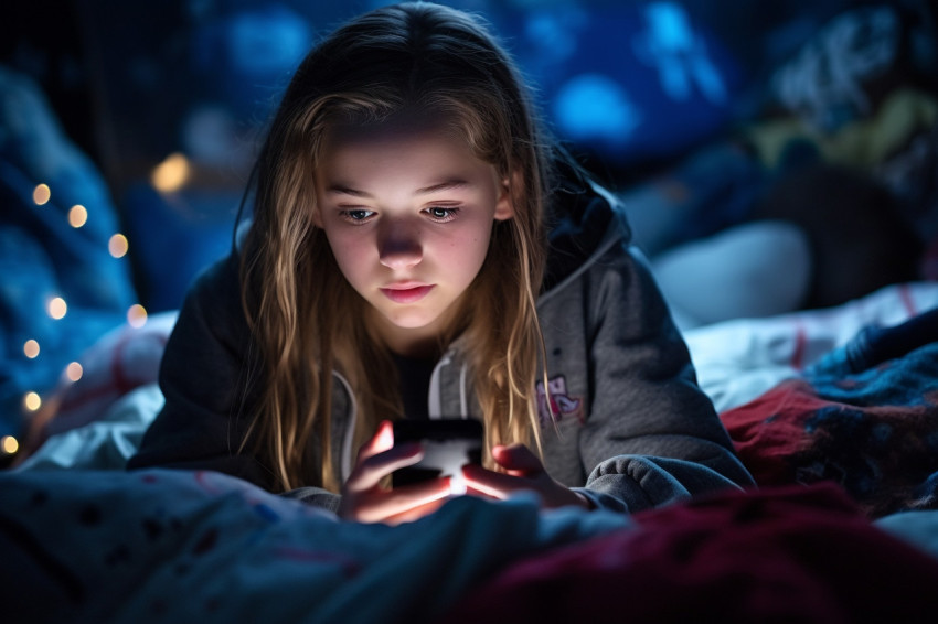 Picture of a teenage girl on her bed at night using her phone