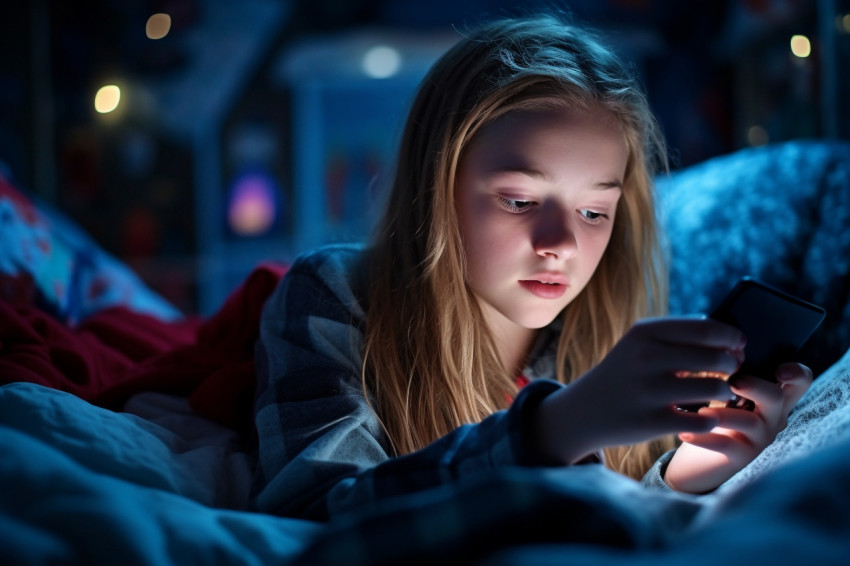 Picture of a teenage girl on her bed at night using her phone