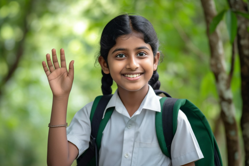 A photo of a young school girl from India who is smiling and looking at empty space while holding her hand up