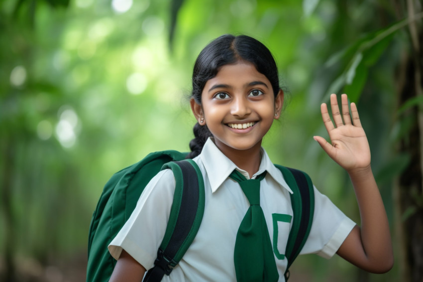 A photo of a young school girl from India who is smiling and looking at empty space while holding her hand up