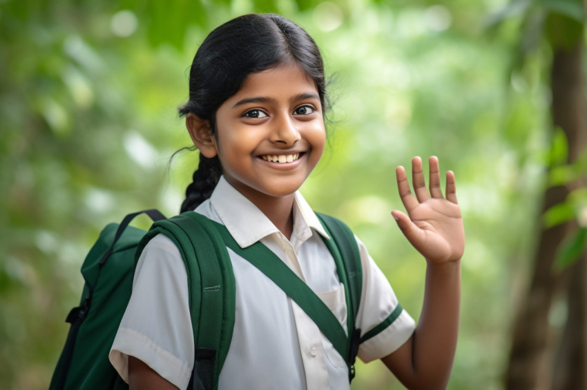 A photo of a young school girl from India who is smiling and looking at empty space while holding her hand up