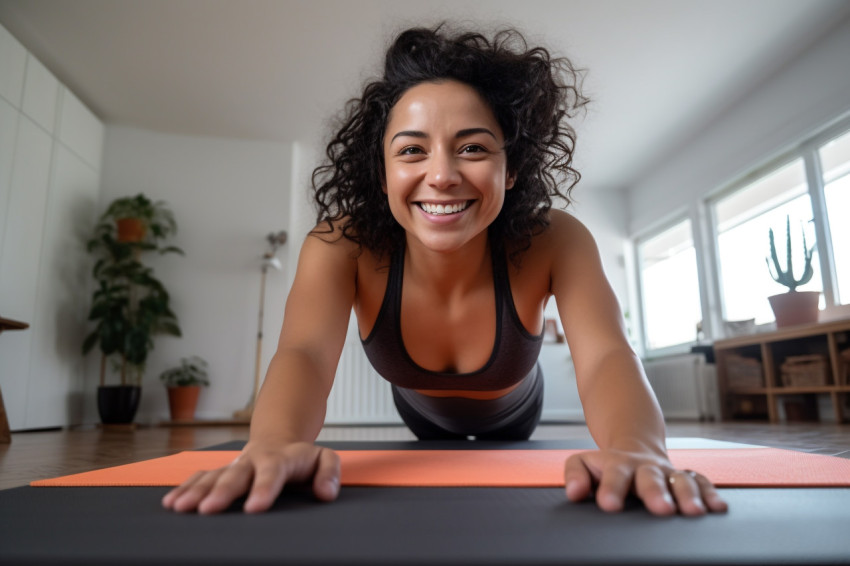 A picture of a happy fit and sporty Hispanic girl doing yoga stretches online on a mat at home