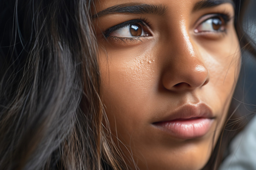 A close up photo of a thoughtful sad young Indian woman looking into the distance