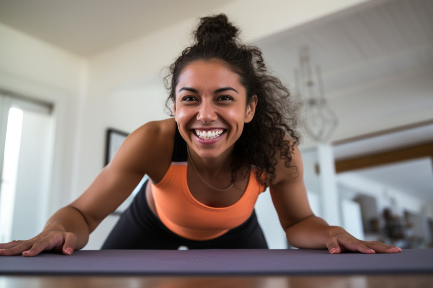 A picture of a happy fit and sporty Hispanic girl doing yoga stretches online on a mat at home