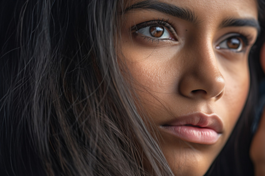 A close up photo of a thoughtful sad young Indian woman looking into the distance