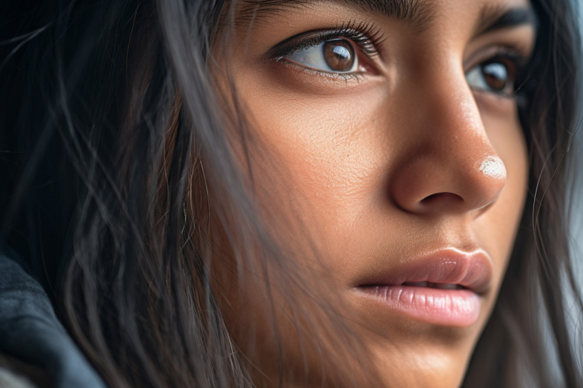 A close up photo of a thoughtful sad young Indian woman looking into the distance