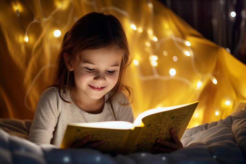 Picture of a young girl reading in bed before going to sleep