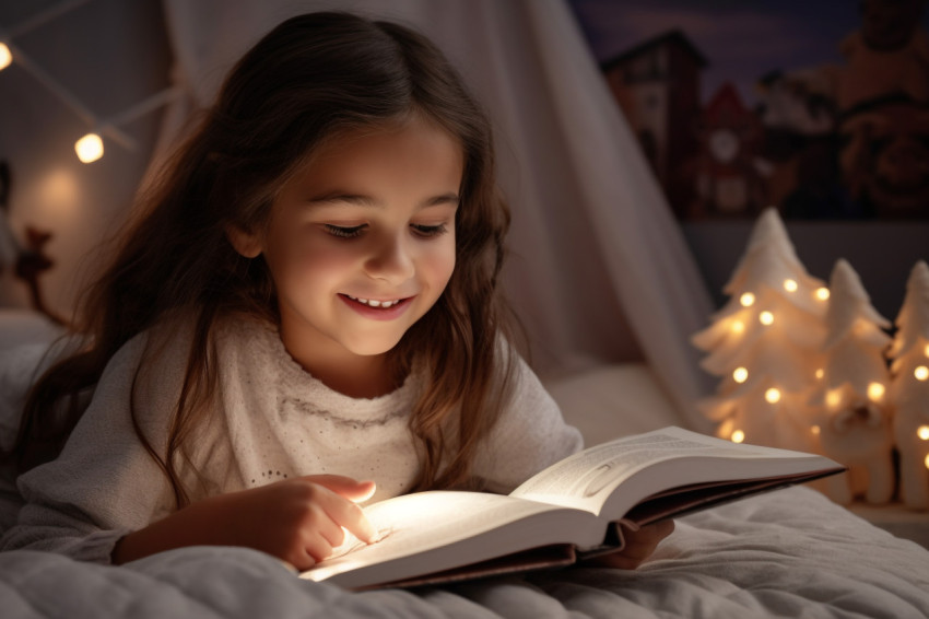 Picture of a young girl reading in bed before going to sleep