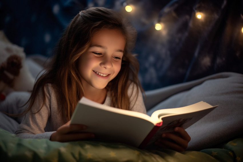 Picture of a young girl reading in bed before going to sleep