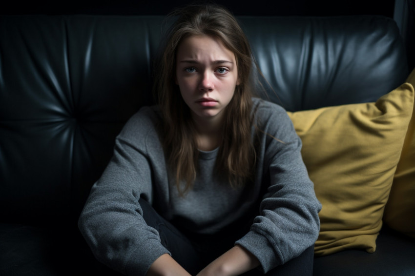 Picture of a sad teenage girl sitting on a sofa at home looking depressed