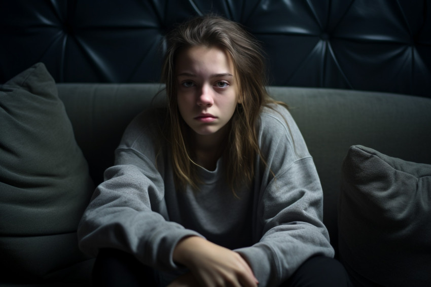 Picture of a sad teenage girl sitting on a sofa at home looking depressed