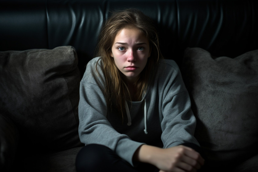 Picture of a sad teenage girl sitting on a sofa at home looking depressed