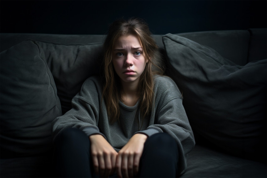 Picture of a sad teenage girl sitting on a sofa at home looking depressed