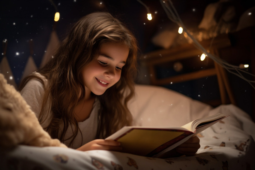 Picture of a young girl reading in bed before going to sleep