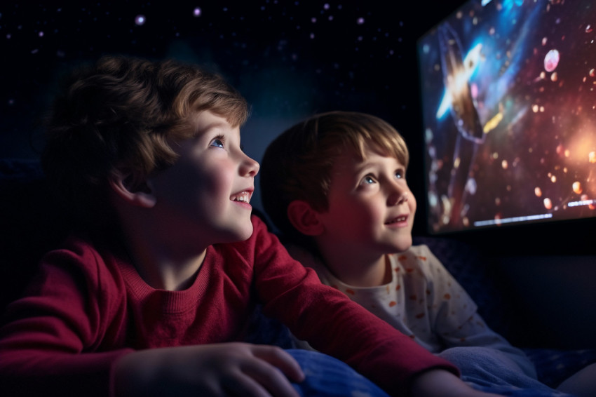 A picture of two children watching TV late at night in their bedroom