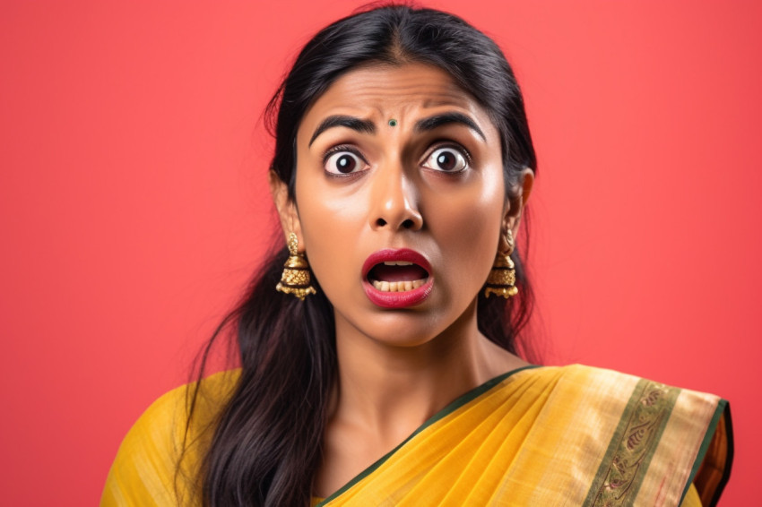 A photo of a stunned Indian woman using her phone to look at shocking news online with a yellow background