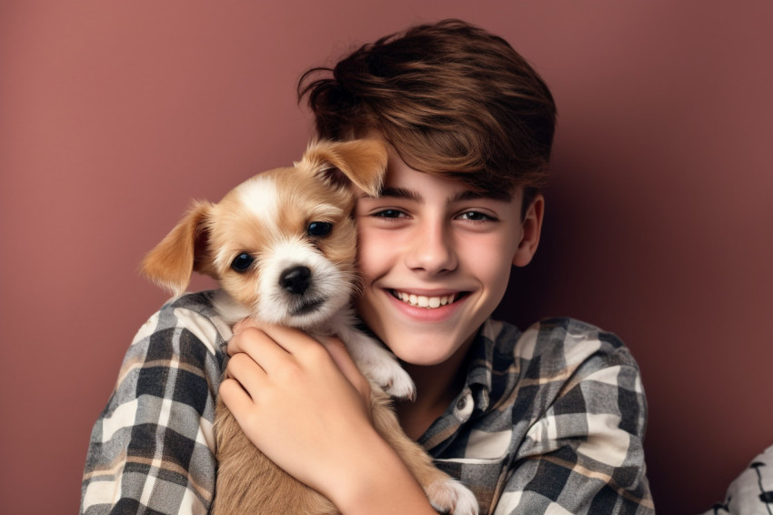 Photo of a smiling teenage boy in a casual shirt hugging his little dog or pet at home on the weekend