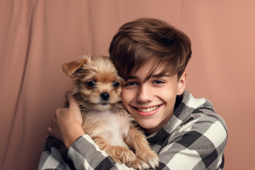 Photo of a smiling teenage boy in a casual shirt hugging his little dog or pet at home on the weekend