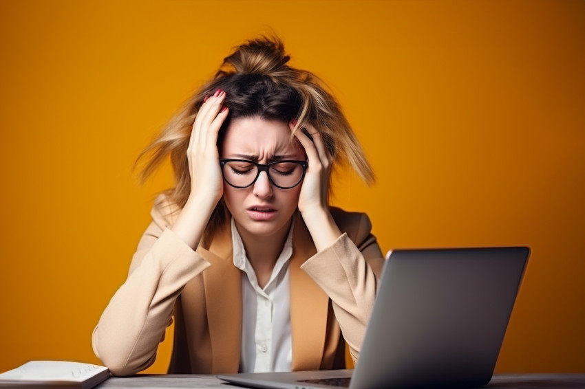 Photo of tired young woman who is overwhelmed by computer work and has blurry vision