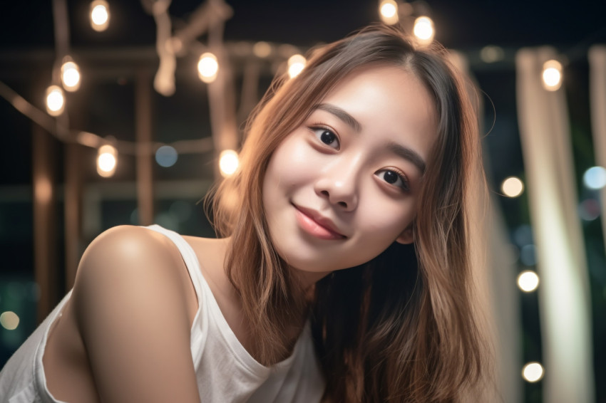 Photo of happy teenage Asian woman smiling and looking at camera while relaxing in living room at night