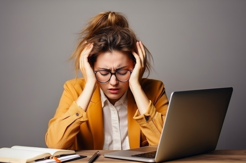 Photo of tired young woman who is overwhelmed by computer work and has blurry vision