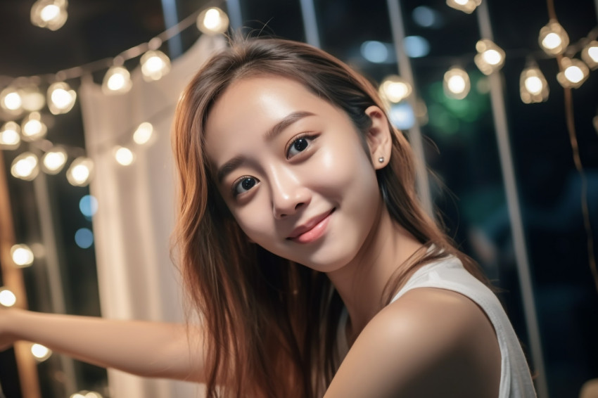 Photo of happy teenage Asian woman smiling and looking at camera while relaxing in living room at night