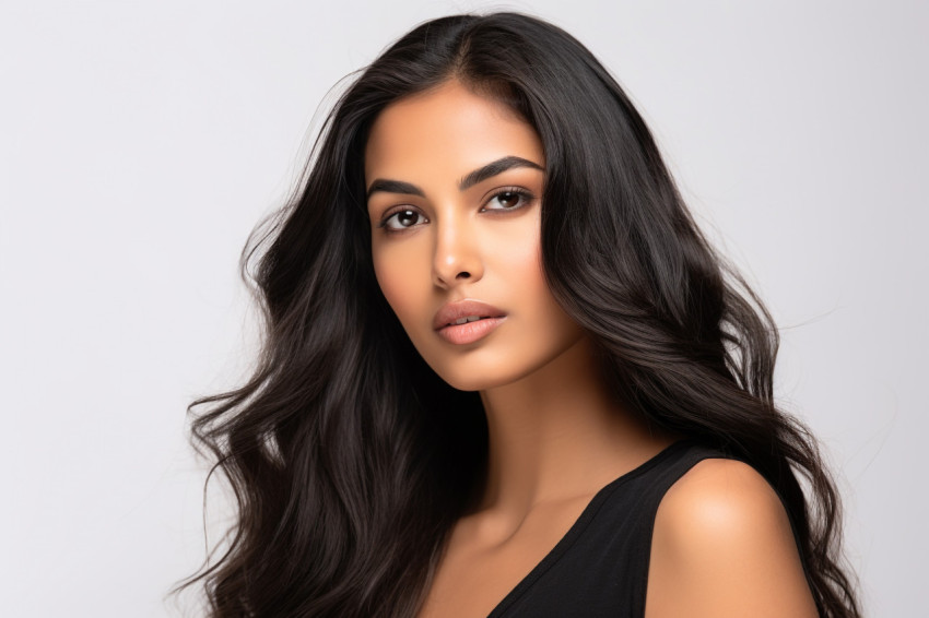 A headshot of a beautiful young Indian woman looking at the camera standing in front of a white wall in a studio