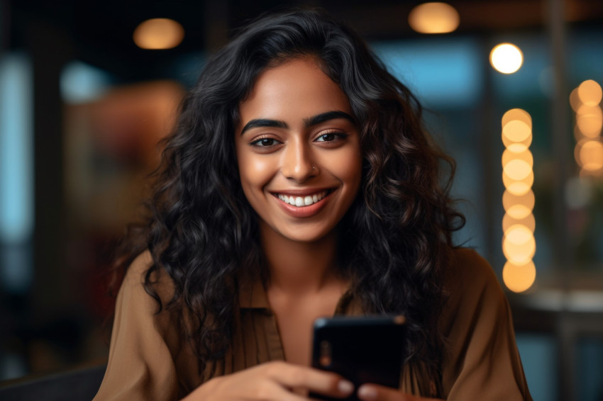 Photo of a smiling Indian woman holding her smartphone at home She looks positive and young