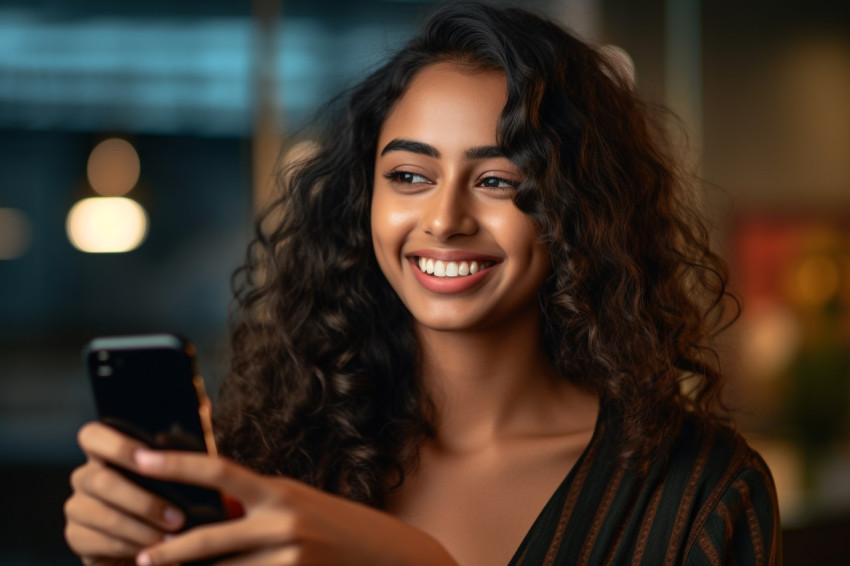 Photo of a smiling Indian woman holding her smartphone at home She looks positive and young