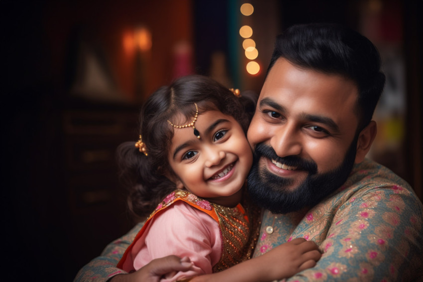 A photo of a happy single Indian father and his cute little daughter hugging warmly and lovingly in traditional clothes