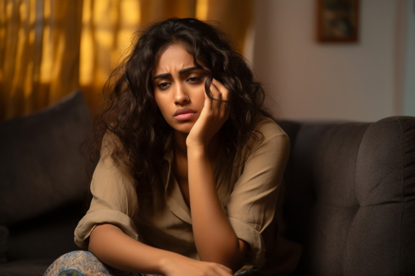 Photo of a sad young Indian woman on the couch at home looking into the distance and thinking about her life problems