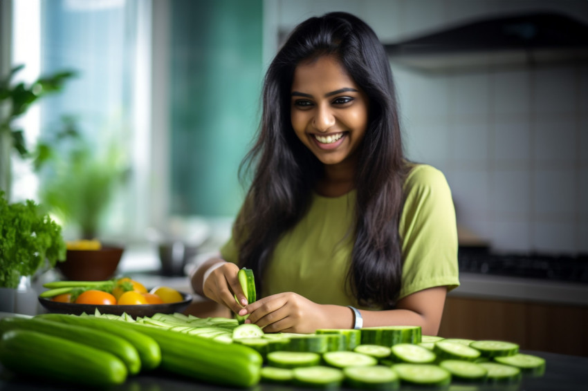 A picture of a happy Indian teenage girl standing in a modern kitchen