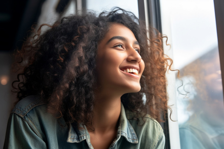 Photo of a happy young Indian woman smiling and looking out the window lost in thought