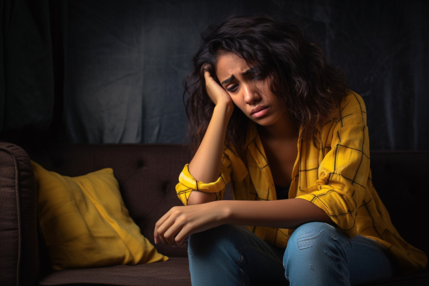 Photo of a sad young Indian woman on the couch at home looking into the distance and thinking about her life problems