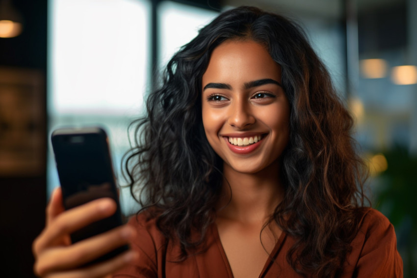 Photo of a smiling Indian woman holding her smartphone at home She looks positive and young