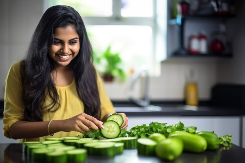 A picture of a happy Indian teenage girl standing in a modern kitchen